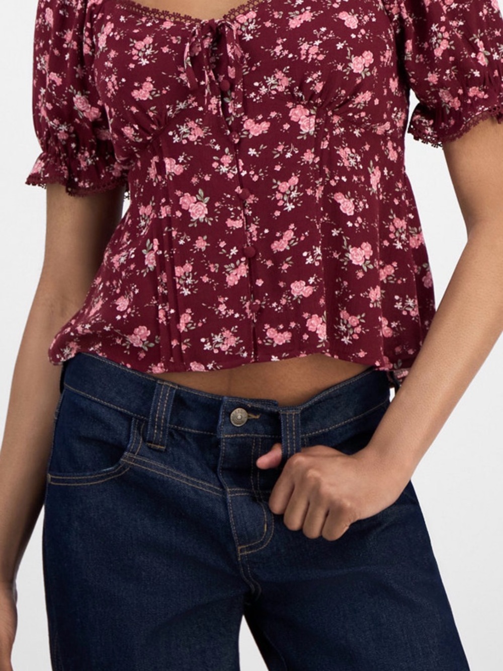Burgundy Pink Floral Peasant Top